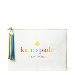 Kate Spade Rainbow Logo Pebbled Leather Zip Pouch Clutch NWT